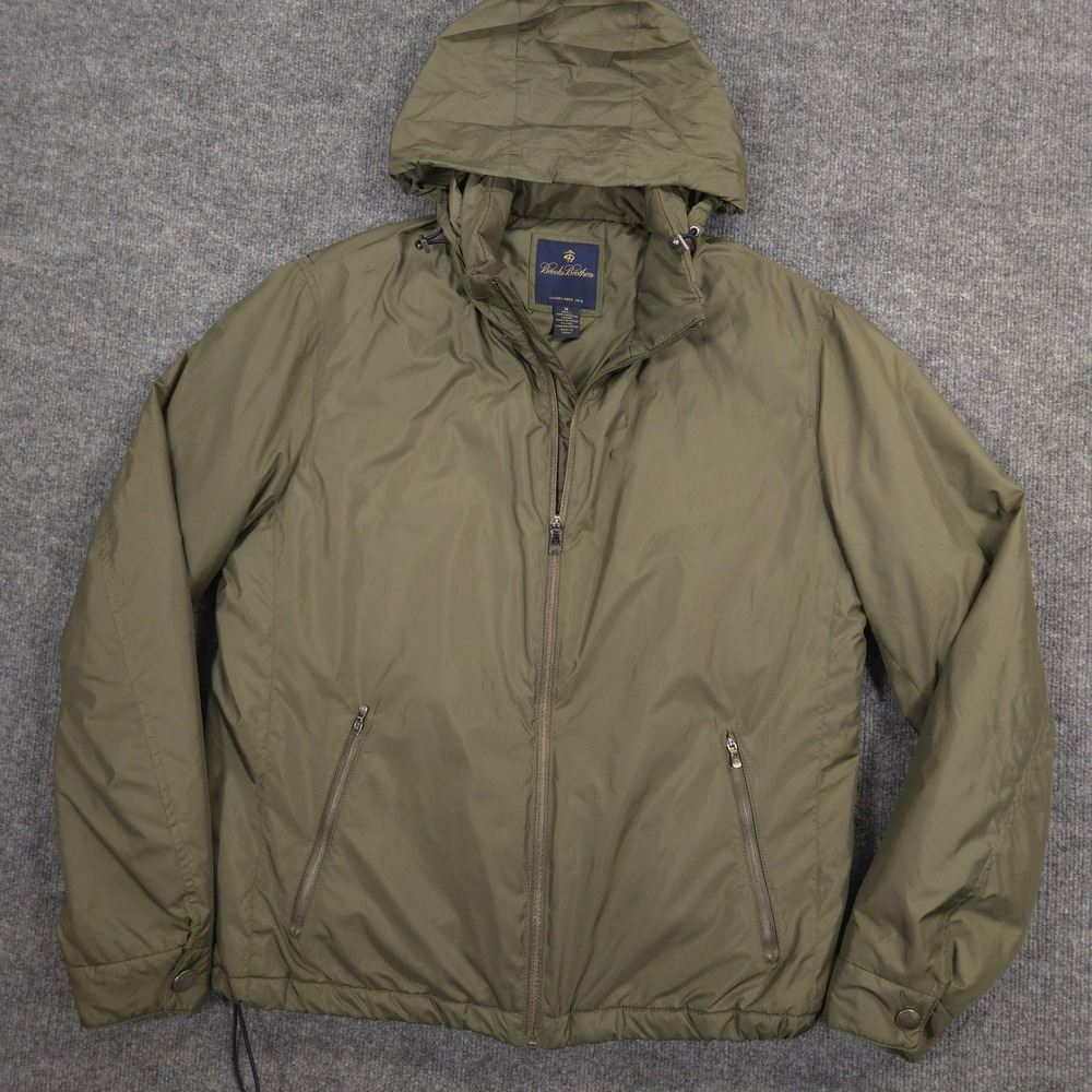 Brooks Brothers Bomber Jacket Mens M Green Lined Insulated Stowaway Hood Pockets